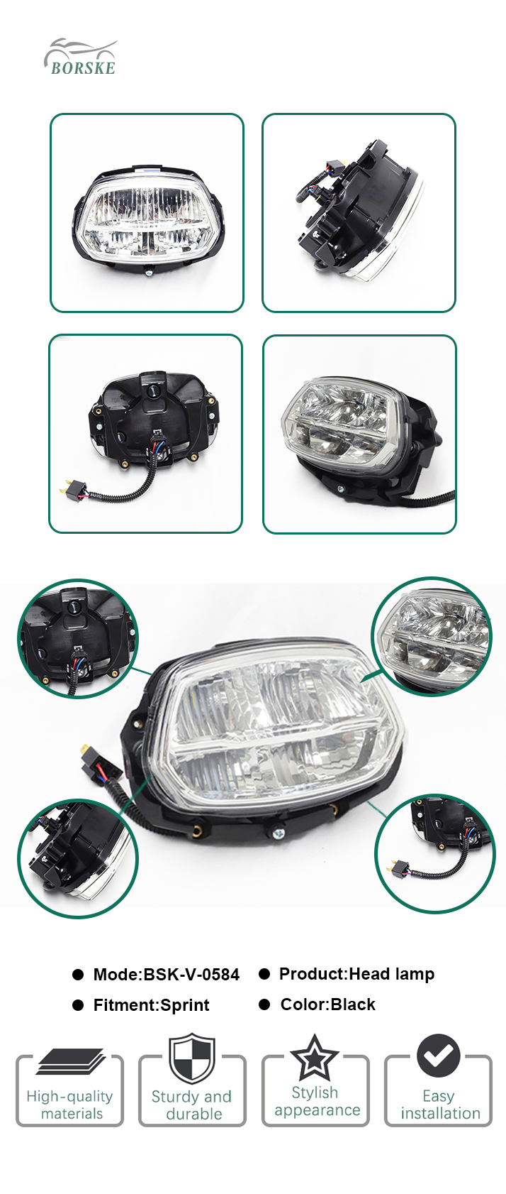 BORSKE Custom Wholesale LED motorcycle headlight scooter front light headlamps for Vespa Sprint 1
